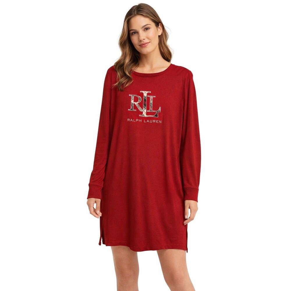 Lauren Ralph Lauren Sleep Shirt Women Red Plaid Logo M Preppy Black Label Comfy